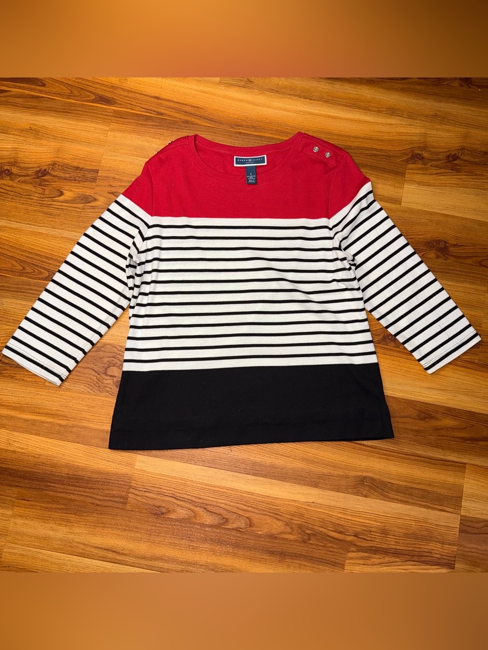 Karen Scott Red, Black & White Striped Crewneck Top